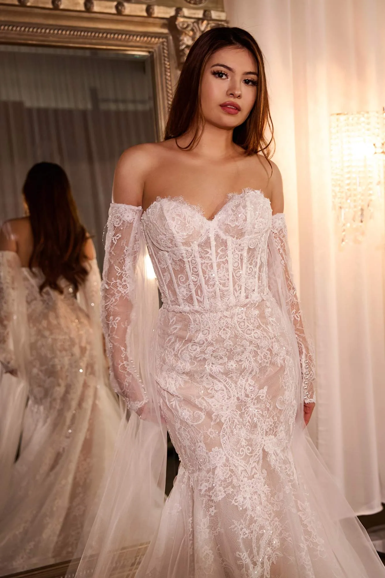 Ladivine CDS424W Fitted Lace Mermaid Wedding Gown with Sleeves