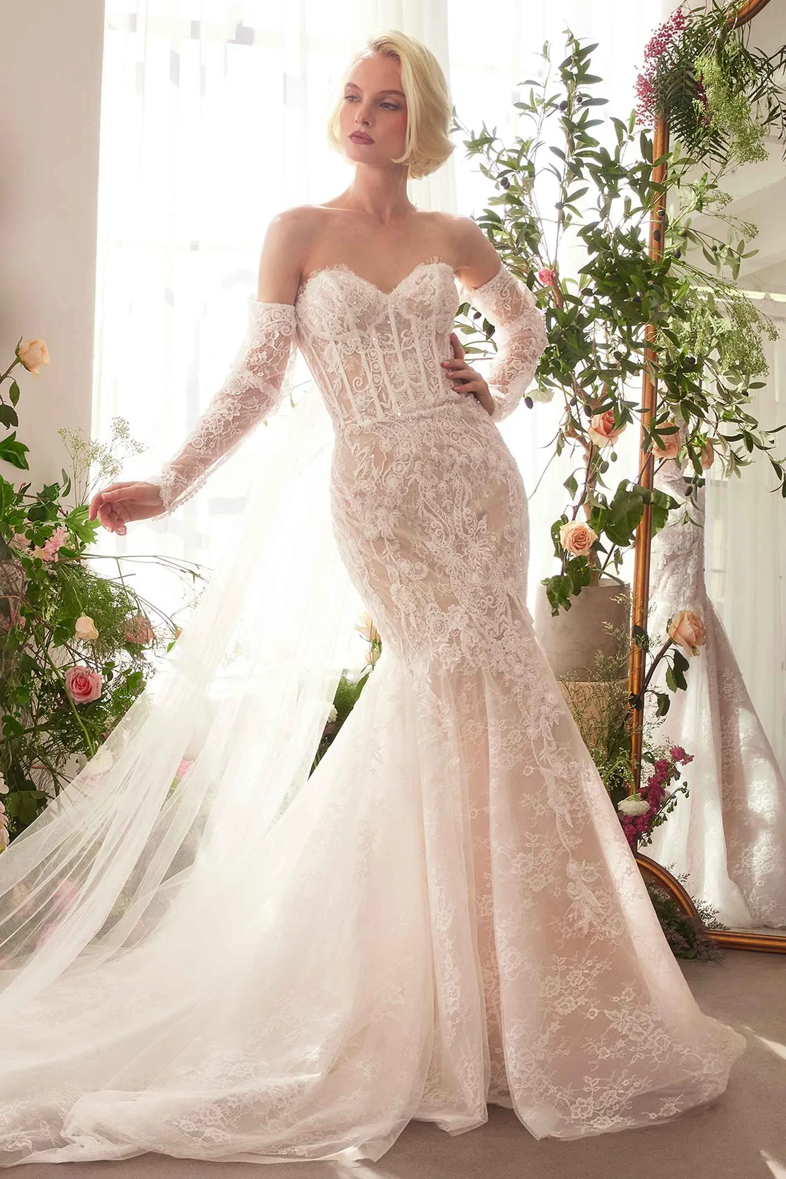 Ladivine CDS424W Fitted Lace Mermaid Wedding Gown with Sleeves