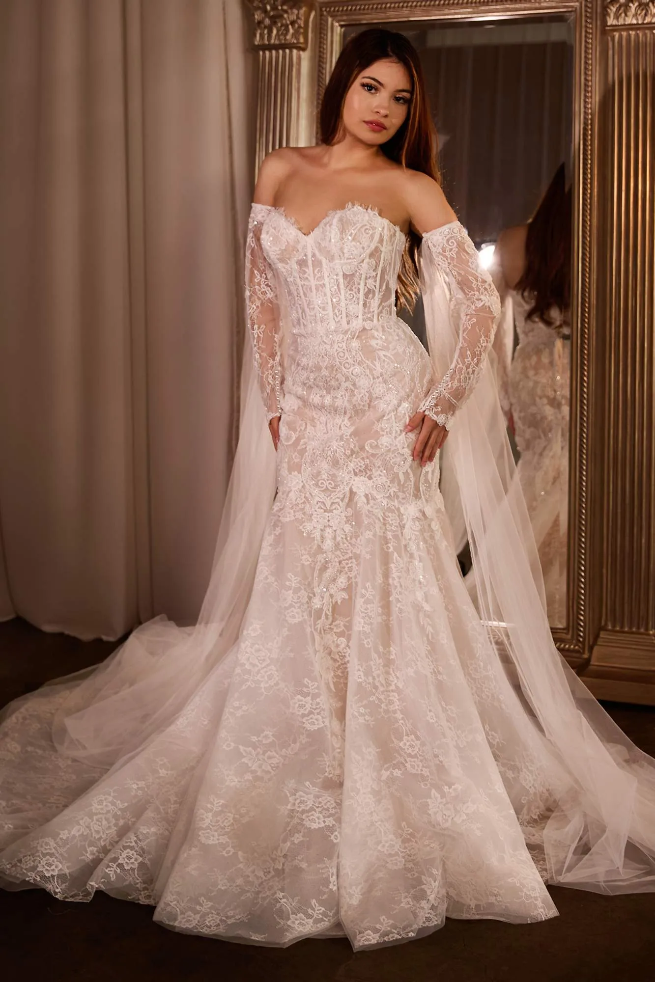 Ladivine CDS424W Fitted Lace Mermaid Wedding Gown with Sleeves