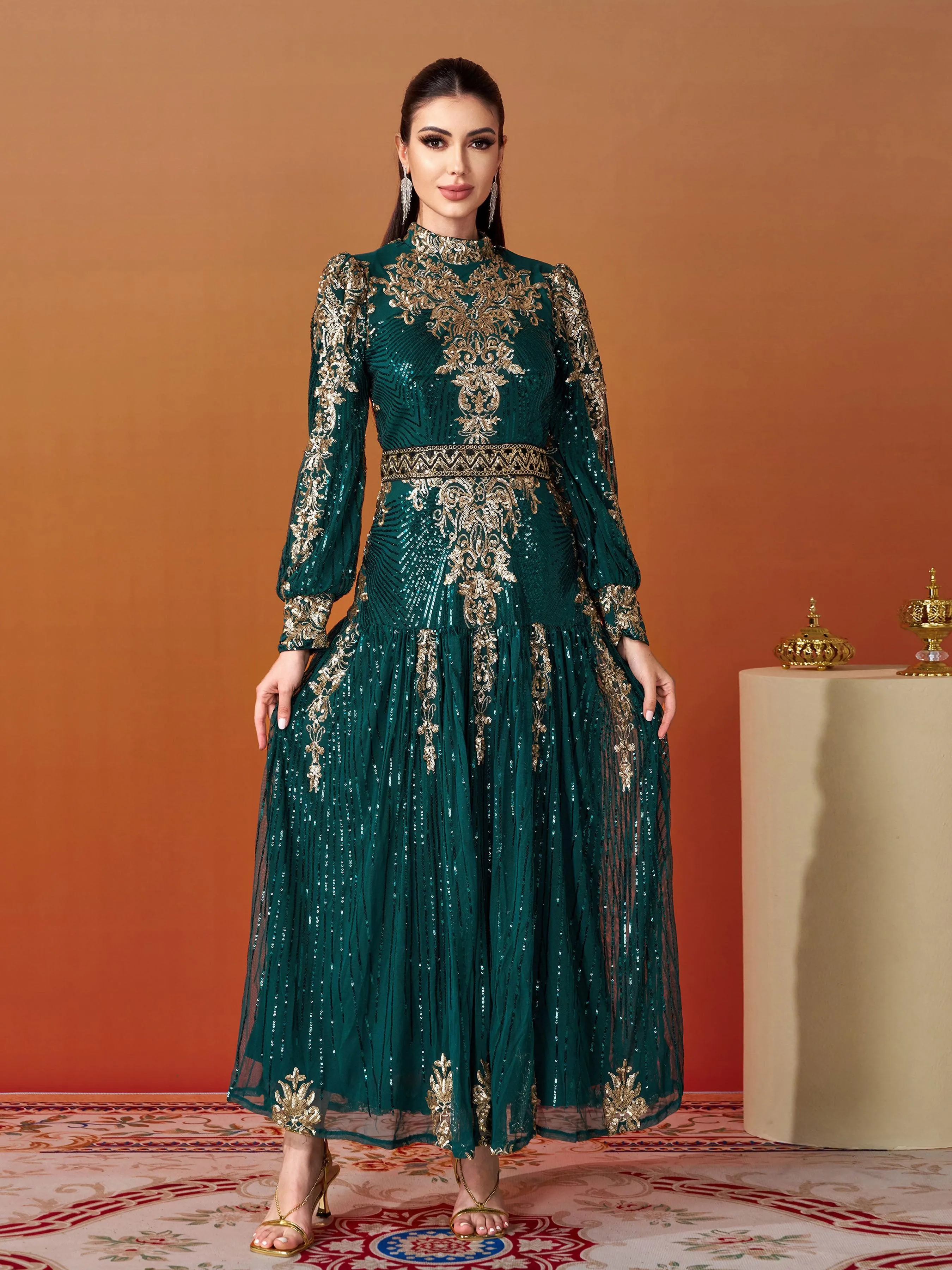 Lantern Sleeve Sequin Maxi Dress MES00341