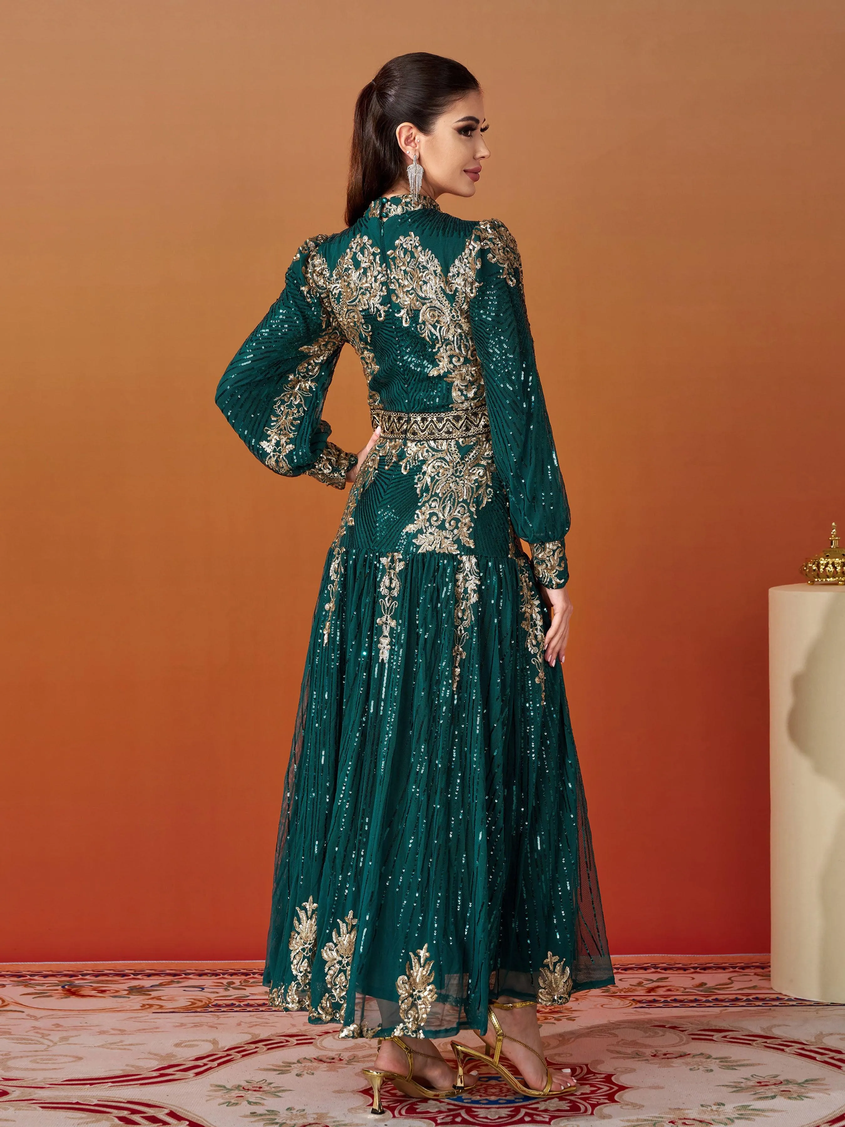 Lantern Sleeve Sequin Maxi Dress MES00341