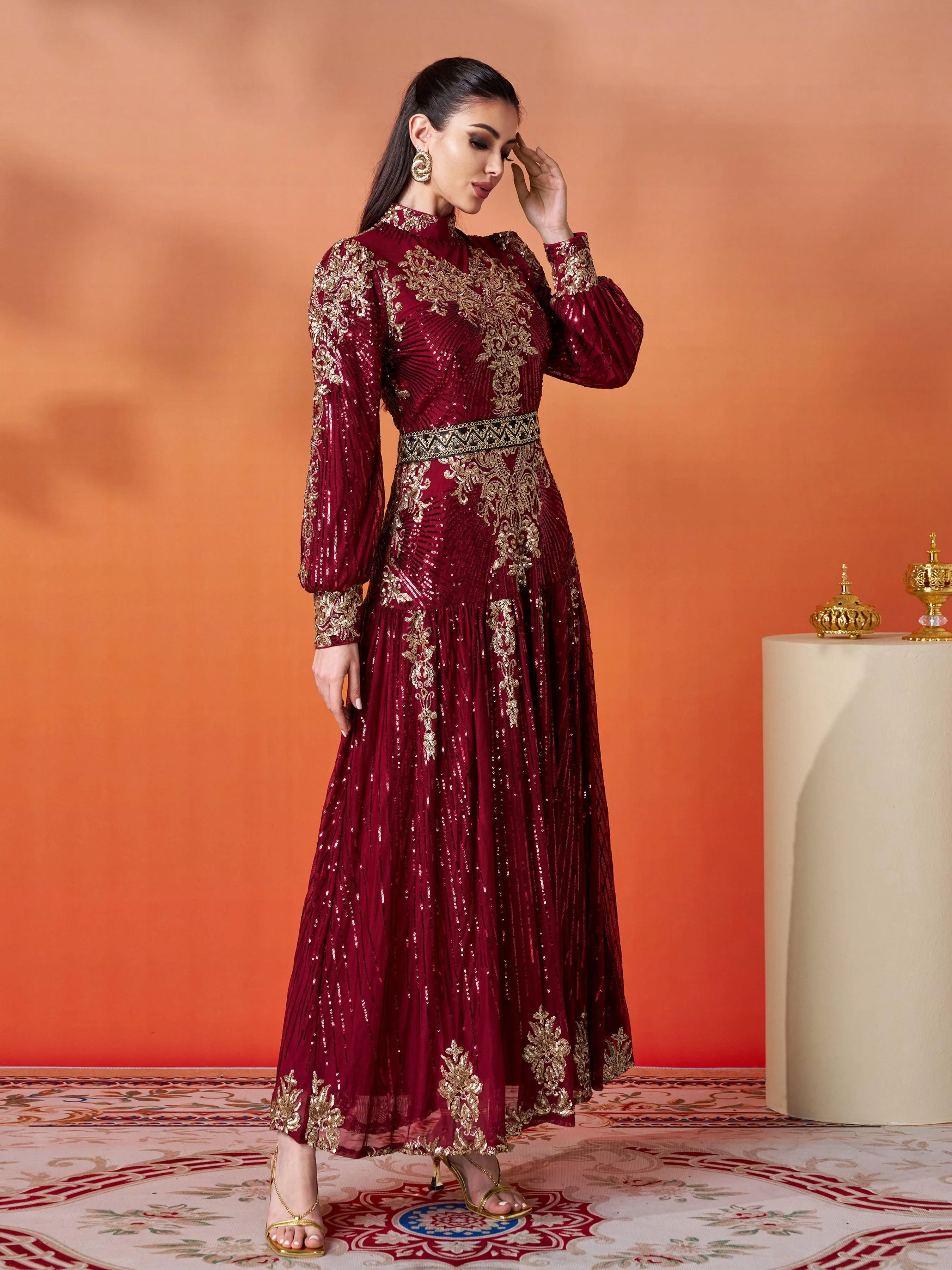 Lantern Sleeve Sequin Maxi Dress MES00341