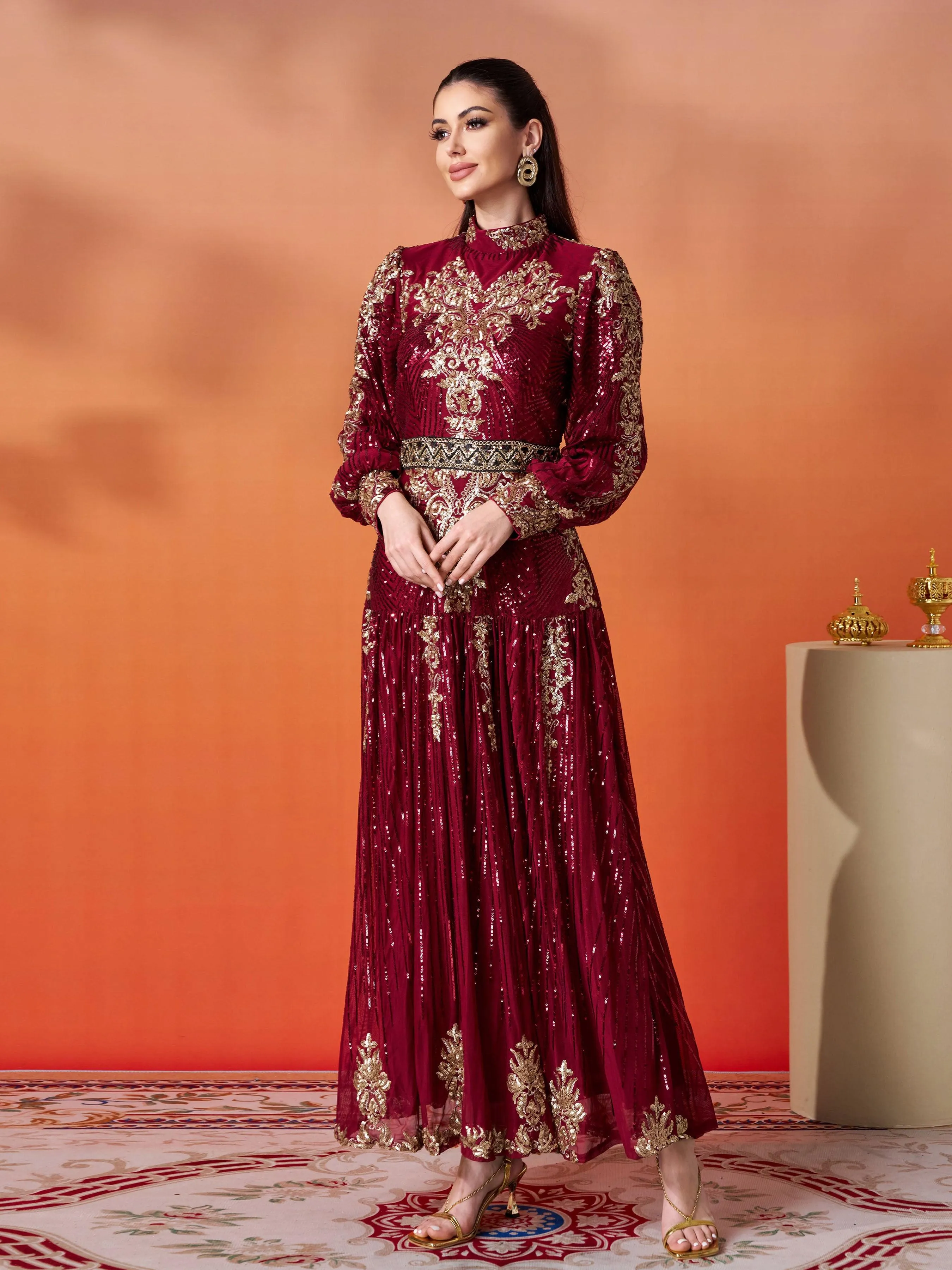 Lantern Sleeve Sequin Maxi Dress MES00341