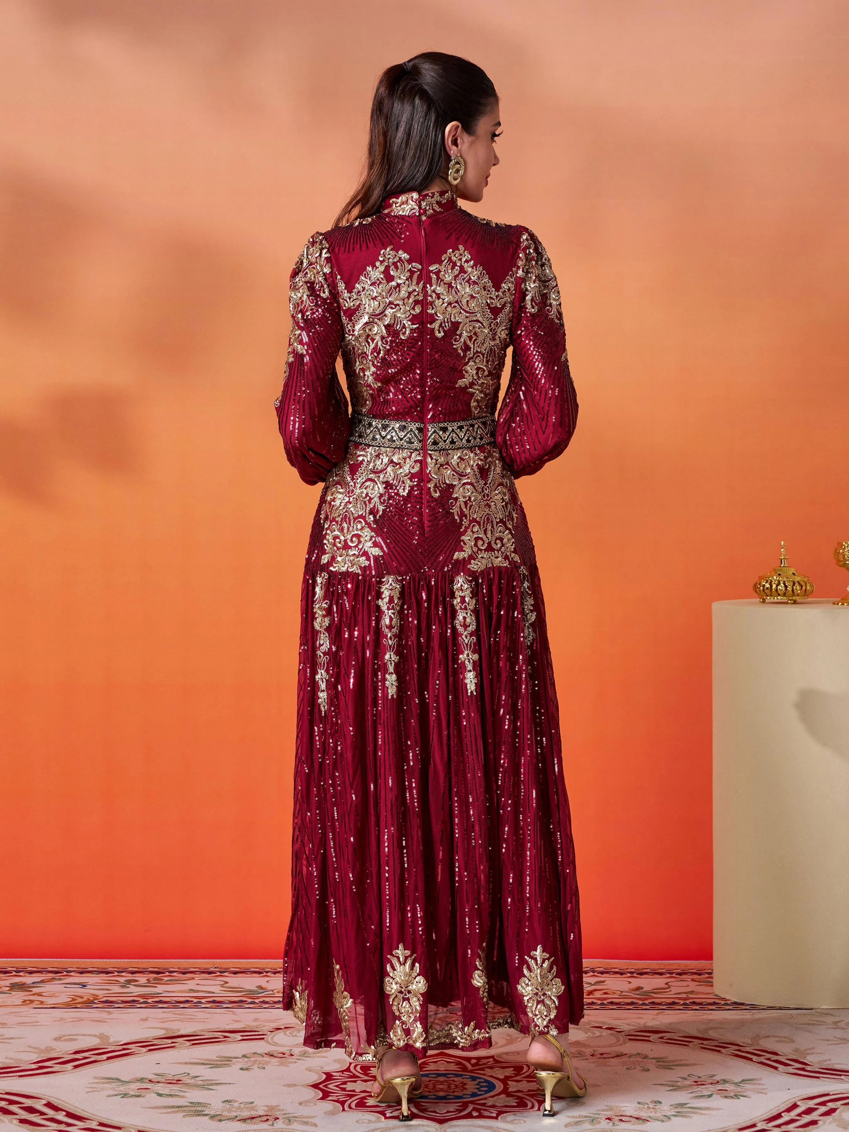 Lantern Sleeve Sequin Maxi Dress MES00341