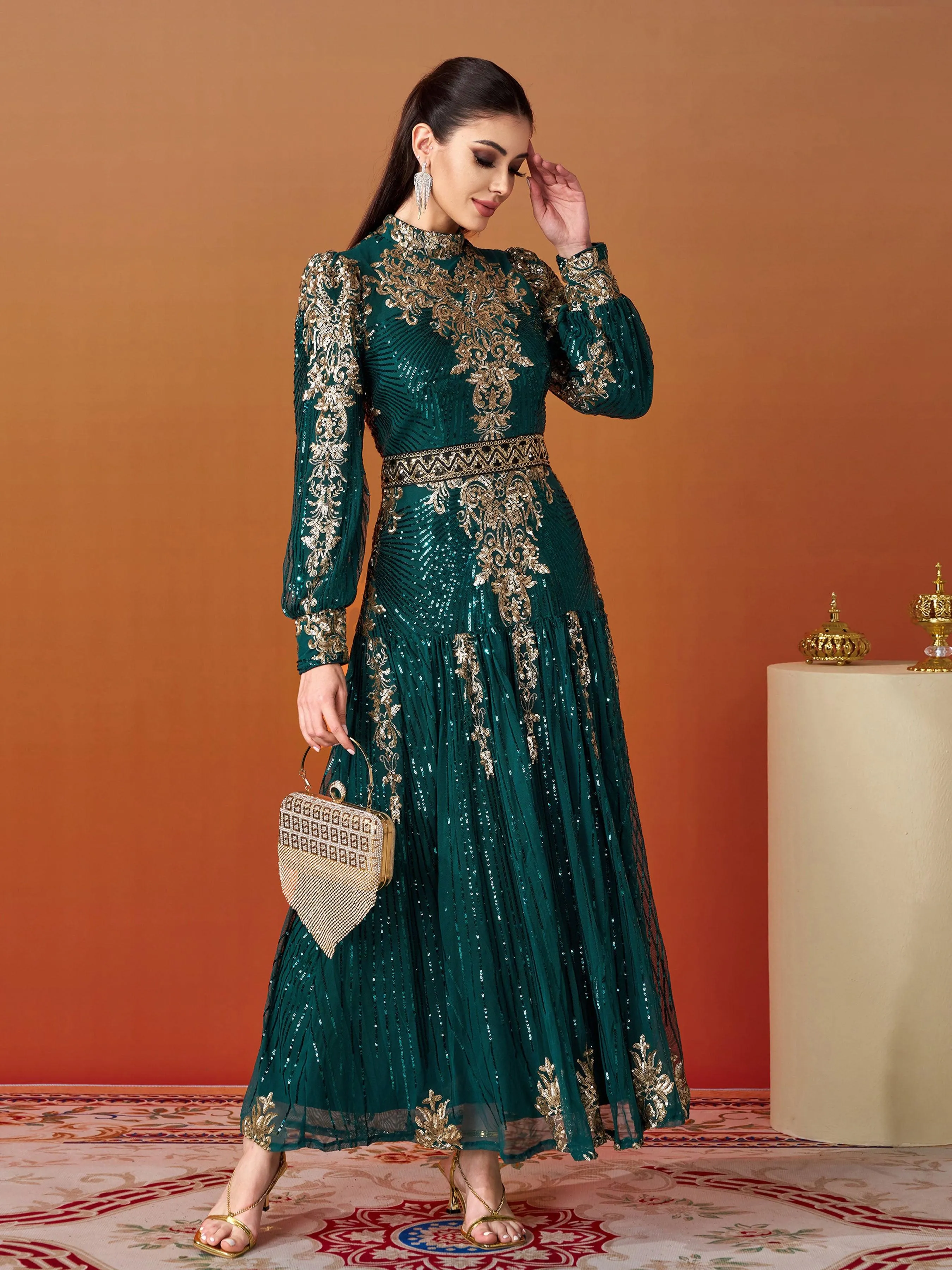Lantern Sleeve Sequin Maxi Dress MES00341
