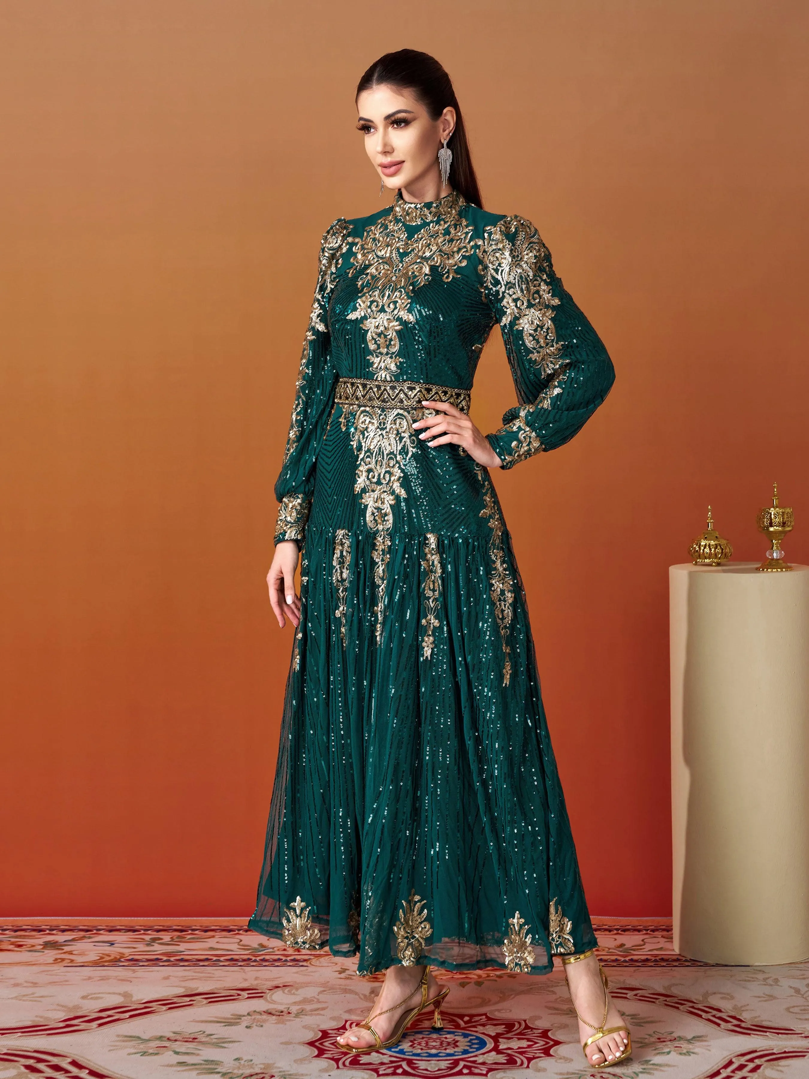 Lantern Sleeve Sequin Maxi Dress MES00341
