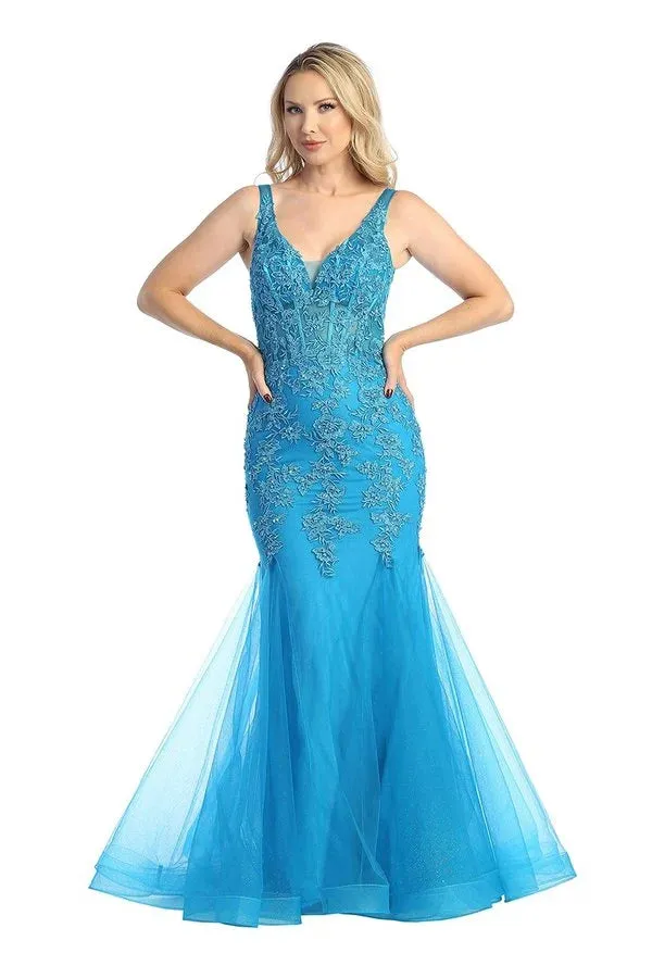 LF 7738 - Shimmer Tulle Fit & Flare Prom Gown with Sheer Beaded Lace Embellished Boned V-Neck Bodice
