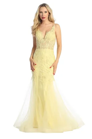 LF 7738 - Shimmer Tulle Fit & Flare Prom Gown with Sheer Beaded Lace Embellished Boned V-Neck Bodice