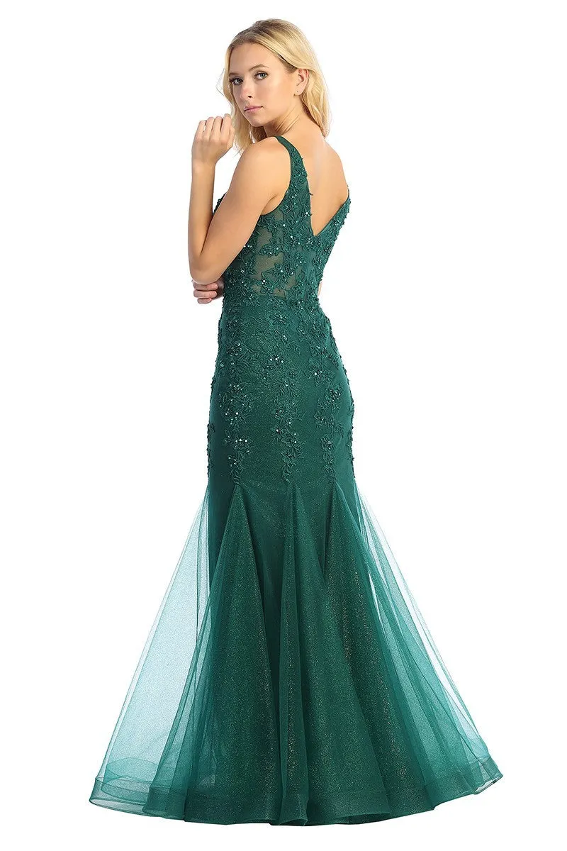 LF 7738 - Shimmer Tulle Fit & Flare Prom Gown with Sheer Beaded Lace Embellished Boned V-Neck Bodice