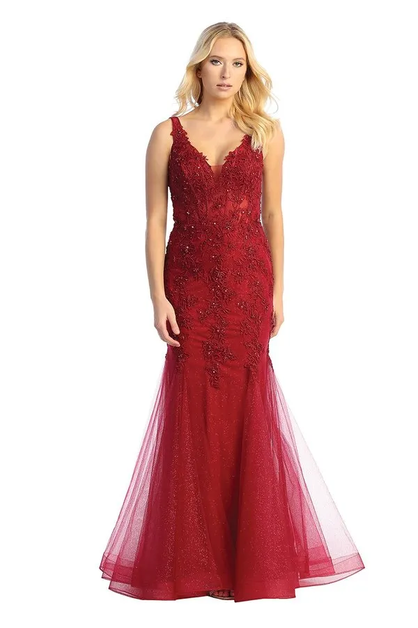 LF 7738 - Shimmer Tulle Fit & Flare Prom Gown with Sheer Beaded Lace Embellished Boned V-Neck Bodice