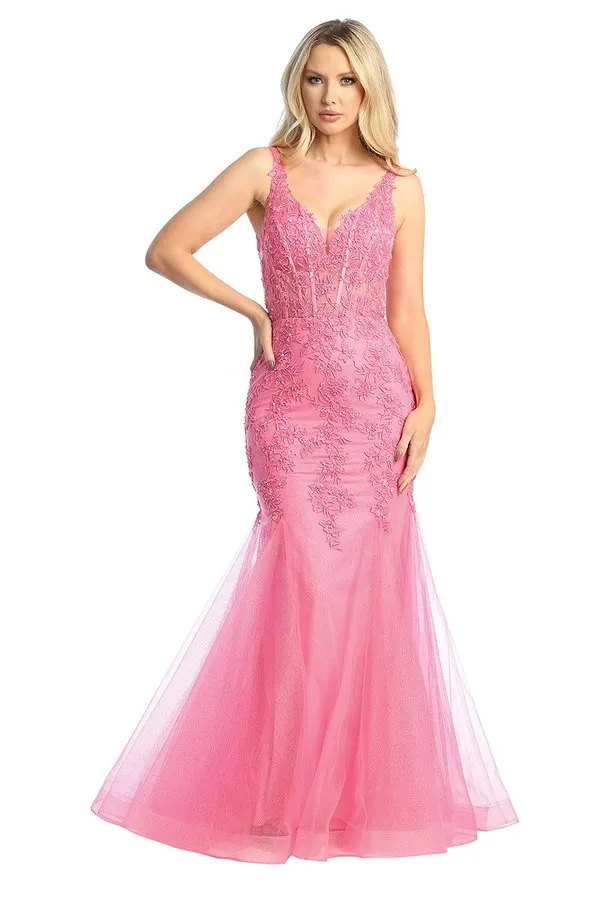 LF 7738 - Shimmer Tulle Fit & Flare Prom Gown with Sheer Beaded Lace Embellished Boned V-Neck Bodice