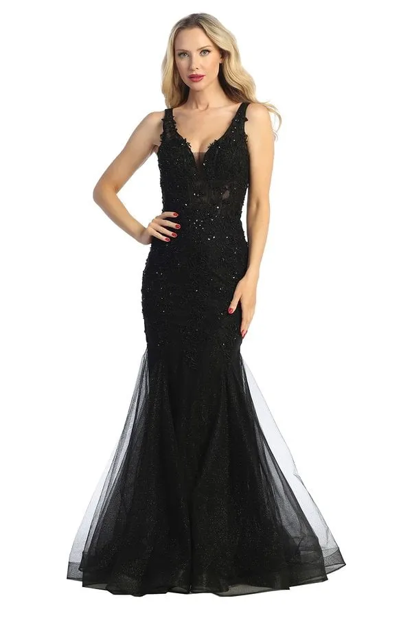 LF 7738 - Shimmer Tulle Fit & Flare Prom Gown with Sheer Beaded Lace Embellished Boned V-Neck Bodice