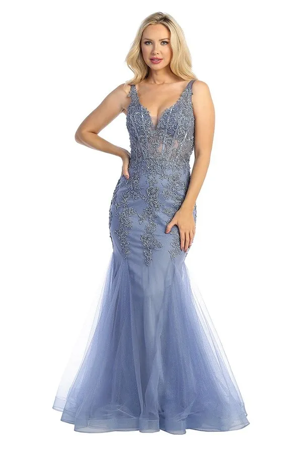 LF 7738 - Shimmer Tulle Fit & Flare Prom Gown with Sheer Beaded Lace Embellished Boned V-Neck Bodice
