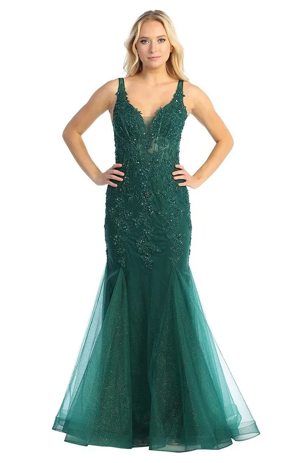 LF 7738 - Shimmer Tulle Fit & Flare Prom Gown with Sheer Beaded Lace Embellished Boned V-Neck Bodice