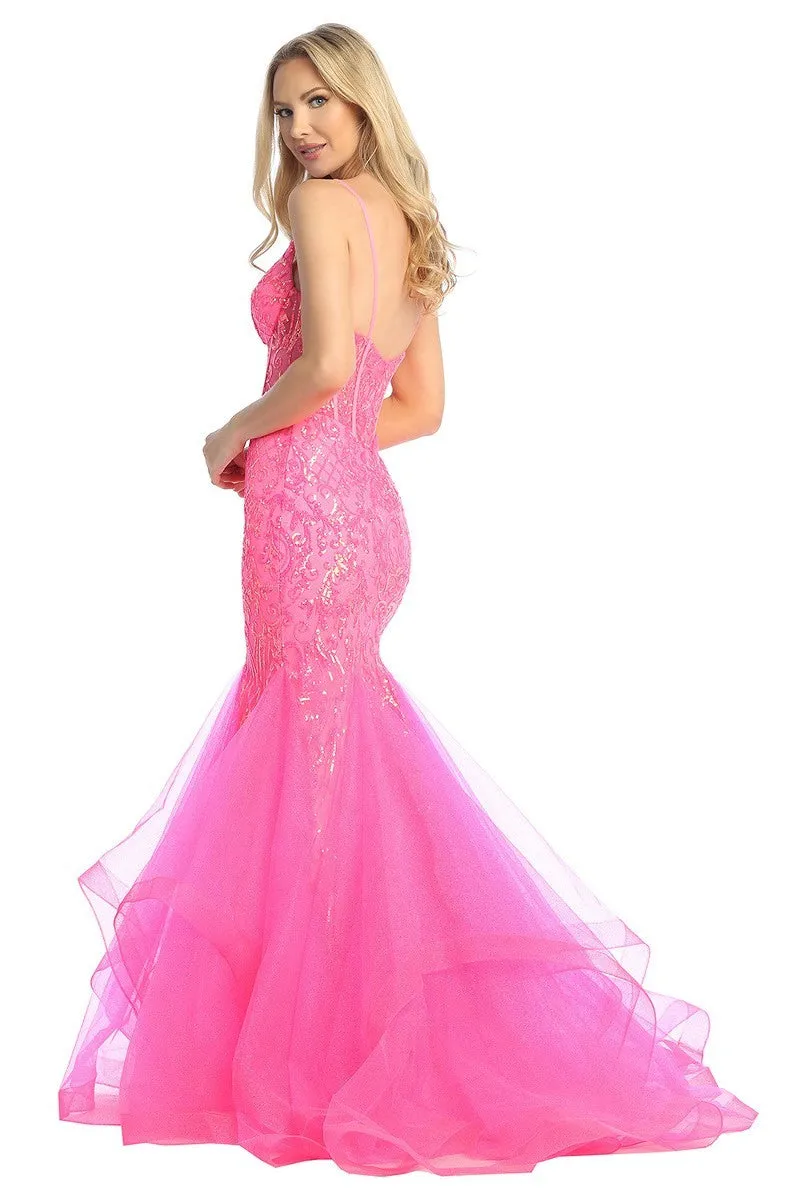 LF 7878 - Sequin Embellished Fit & Flare Prom Gown with Sheer Boned Corset Bodice & Tulle Skirt