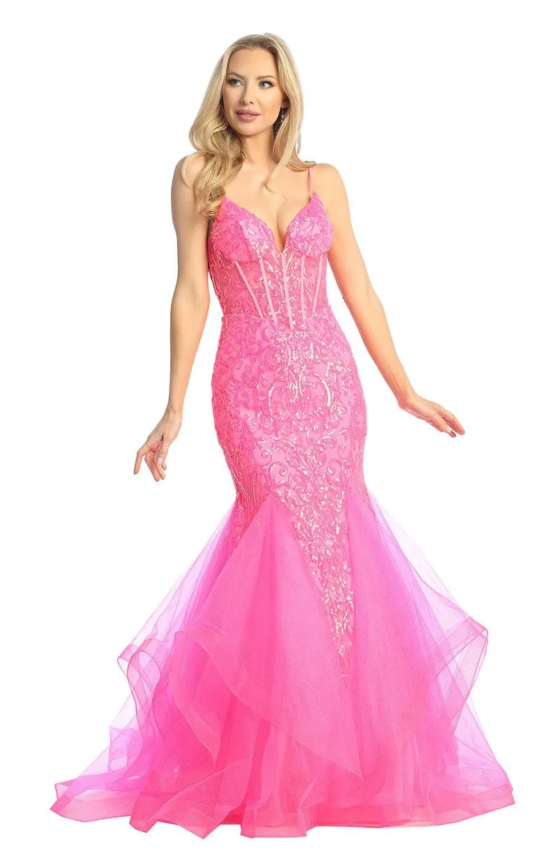 LF 7878 - Sequin Embellished Fit & Flare Prom Gown with Sheer Boned Corset Bodice & Tulle Skirt