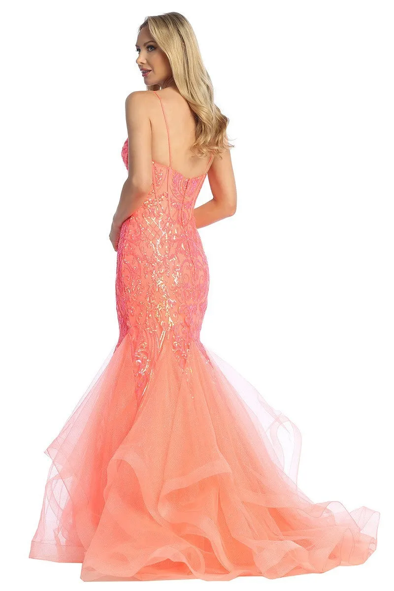 LF 7878 - Sequin Embellished Fit & Flare Prom Gown with Sheer Boned Corset Bodice & Tulle Skirt