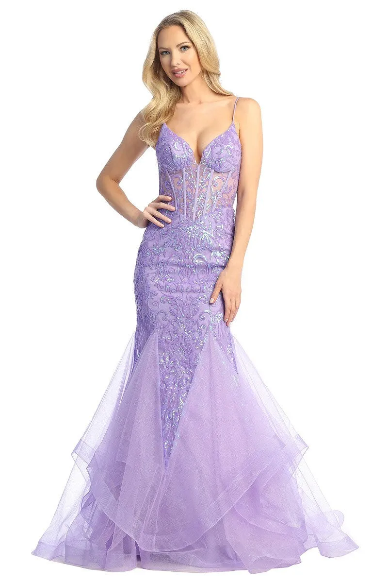LF 7878 - Sequin Embellished Fit & Flare Prom Gown with Sheer Boned Corset Bodice & Tulle Skirt