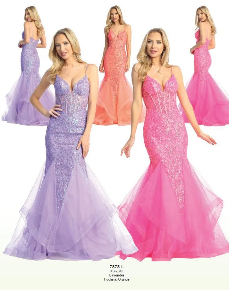 LF 7878 - Sequin Embellished Fit & Flare Prom Gown with Sheer Boned Corset Bodice & Tulle Skirt