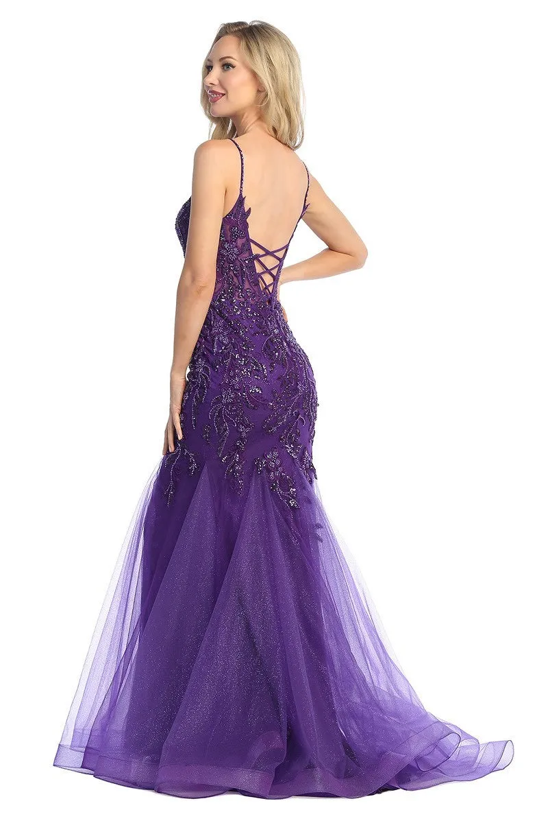 LF 7886 - Beaded Lace Embellished Fit & Flare Prom Gown with Sheer Corset Bodice & Open Lace Up Back