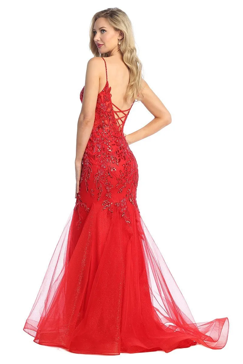 LF 7886 - Beaded Lace Embellished Fit & Flare Prom Gown with Sheer Corset Bodice & Open Lace Up Back