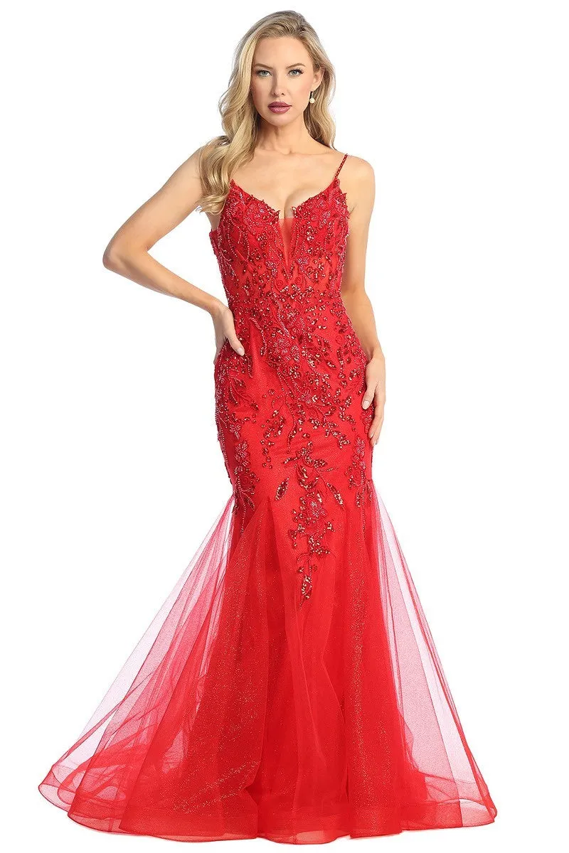 LF 7886 - Beaded Lace Embellished Fit & Flare Prom Gown with Sheer Corset Bodice & Open Lace Up Back