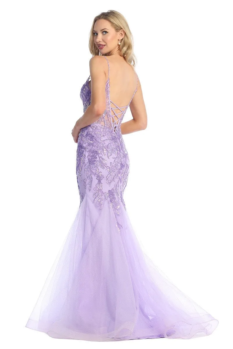 LF 7886 - Beaded Lace Embellished Fit & Flare Prom Gown with Sheer Corset Bodice & Open Lace Up Back