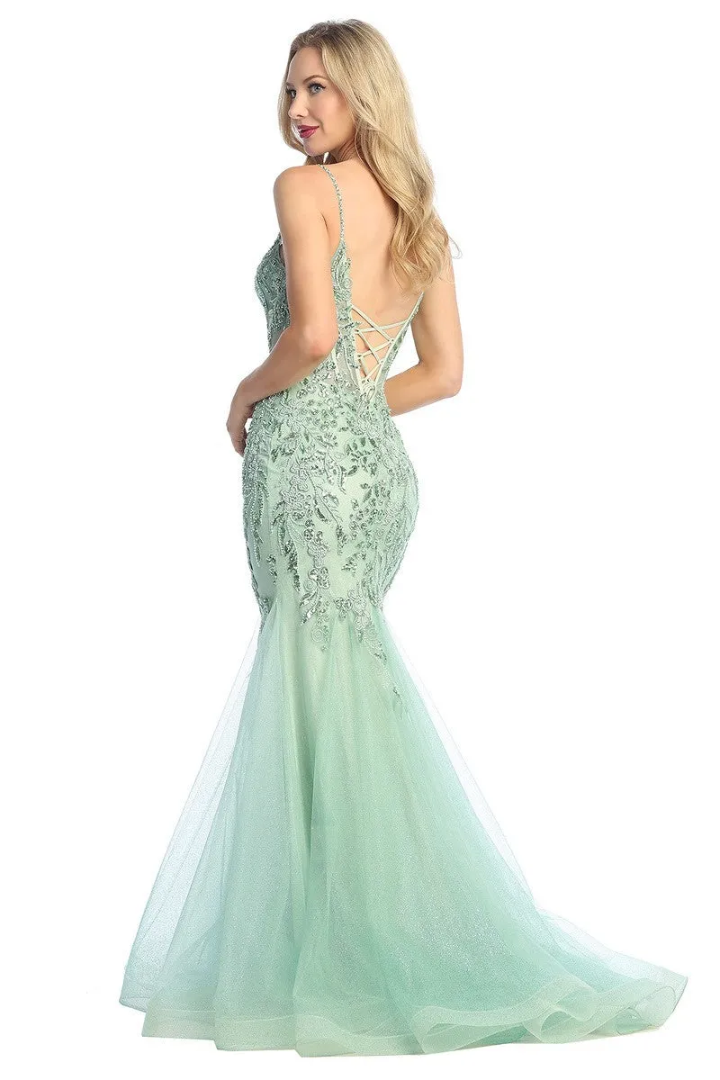 LF 7886 - Beaded Lace Embellished Fit & Flare Prom Gown with Sheer Corset Bodice & Open Lace Up Back