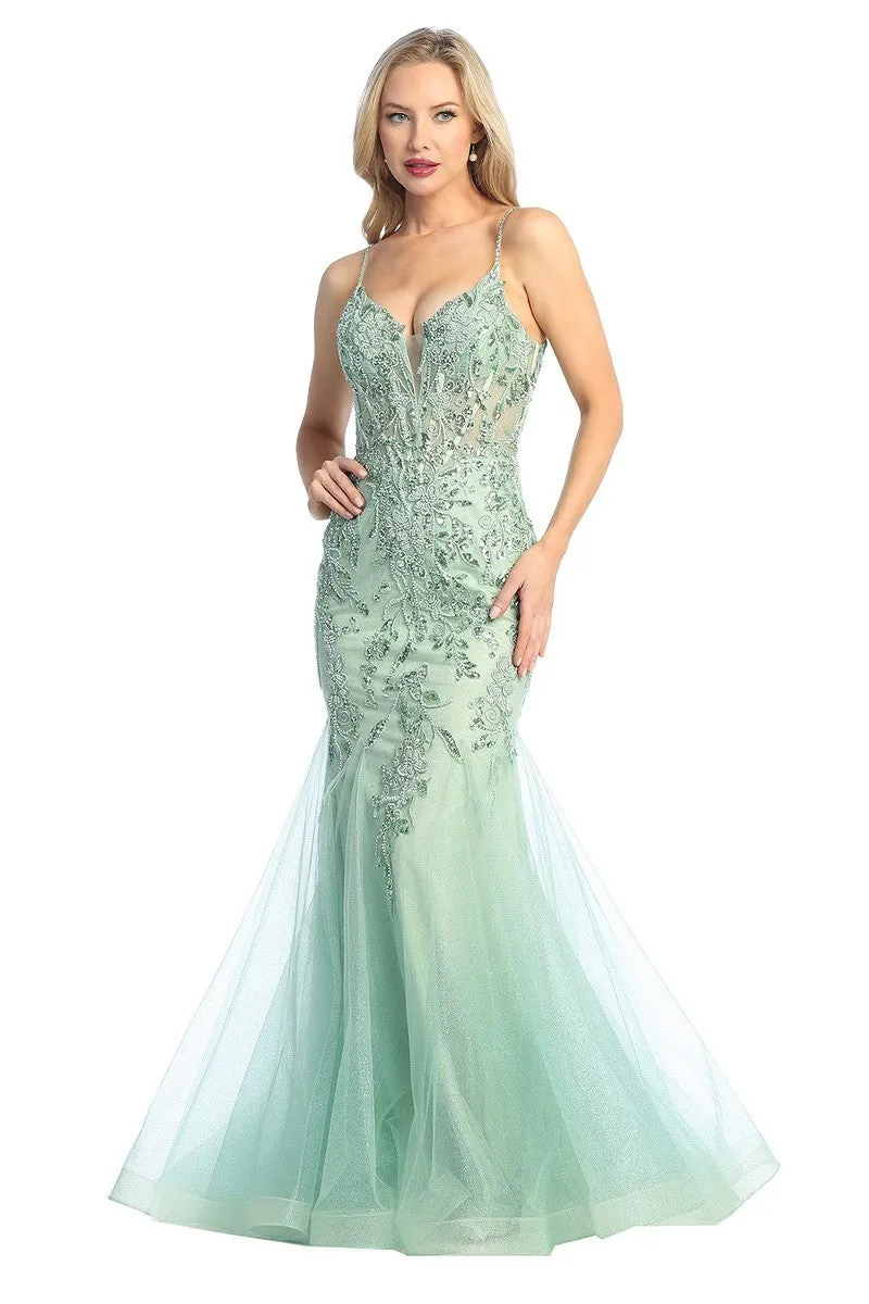 LF 7886 - Beaded Lace Embellished Fit & Flare Prom Gown with Sheer Corset Bodice & Open Lace Up Back