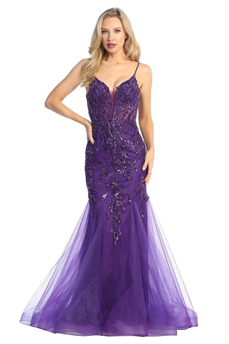 LF 7886 - Beaded Lace Embellished Fit & Flare Prom Gown with Sheer Corset Bodice & Open Lace Up Back