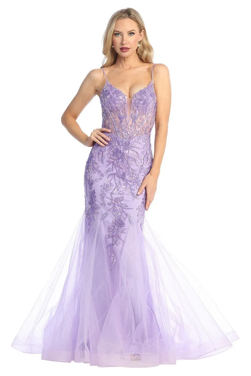 LF 7886 - Beaded Lace Embellished Fit & Flare Prom Gown with Sheer Corset Bodice & Open Lace Up Back