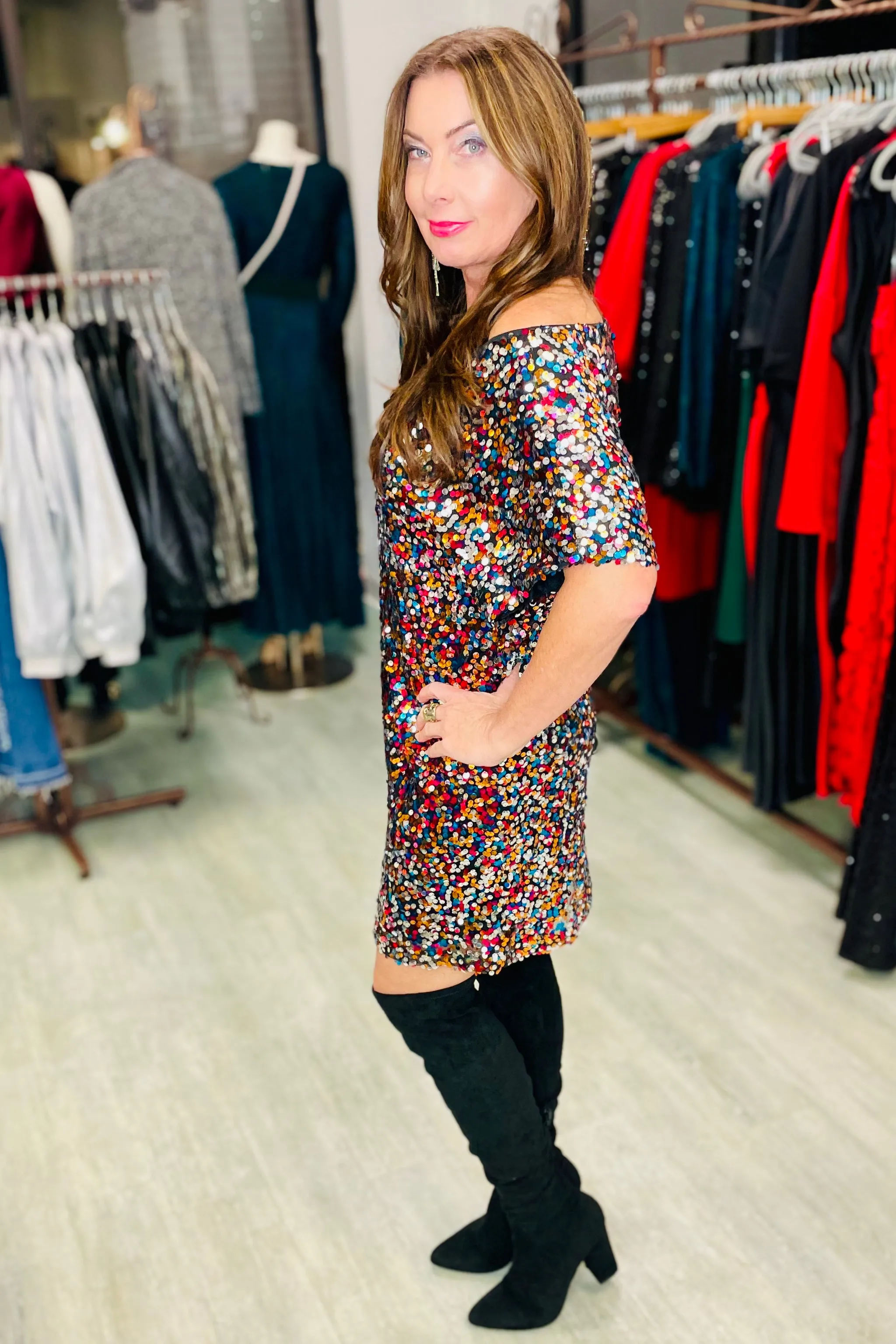 Life of the Party Boat Neck Short Sleeved Dress - Multi