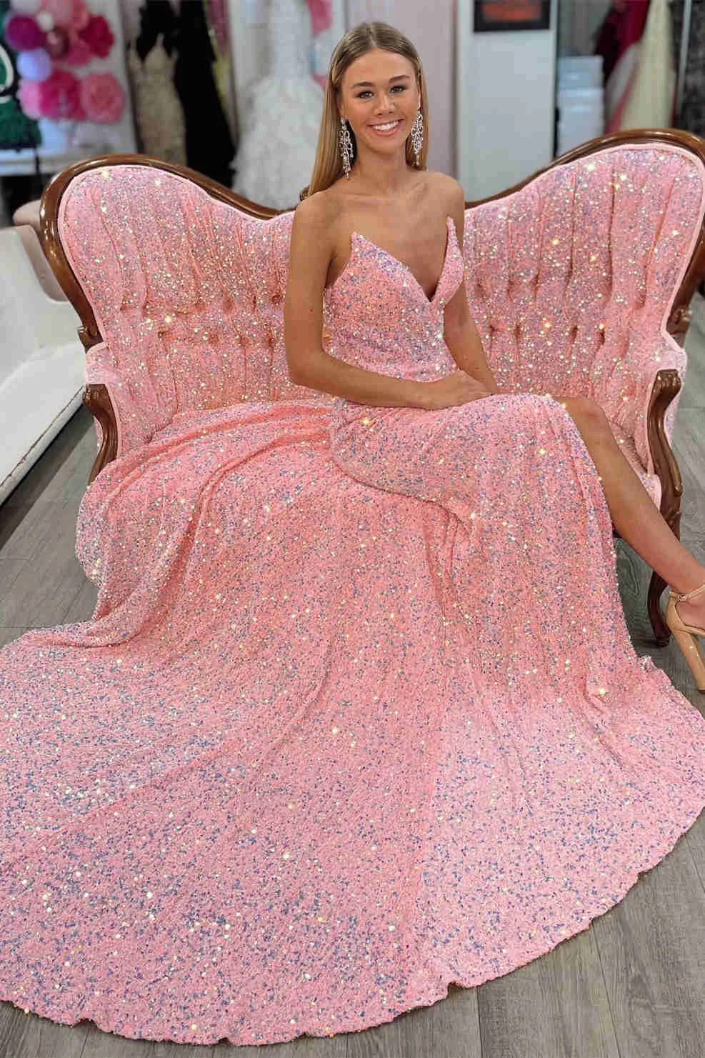 Light Blue V-Neck Sequins Long Prom Dress with Slit