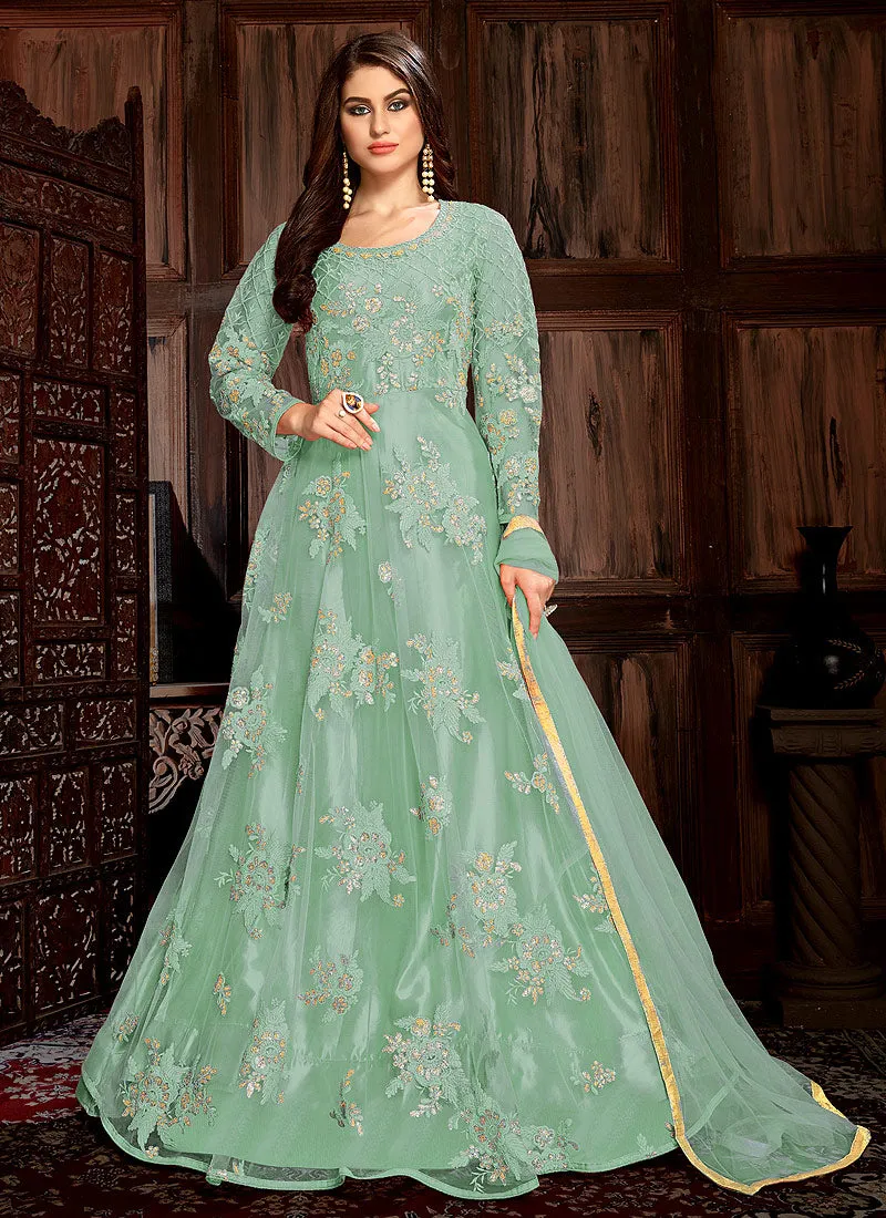Light Green Bunch Embroidered Net Anarkali Suit