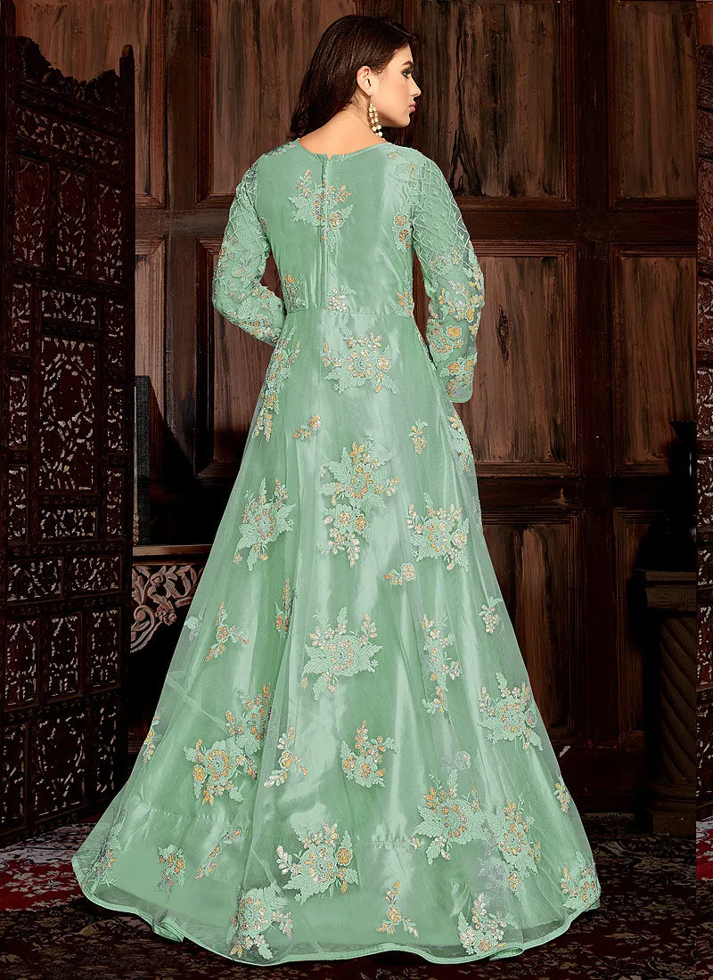 Light Green Bunch Embroidered Net Anarkali Suit