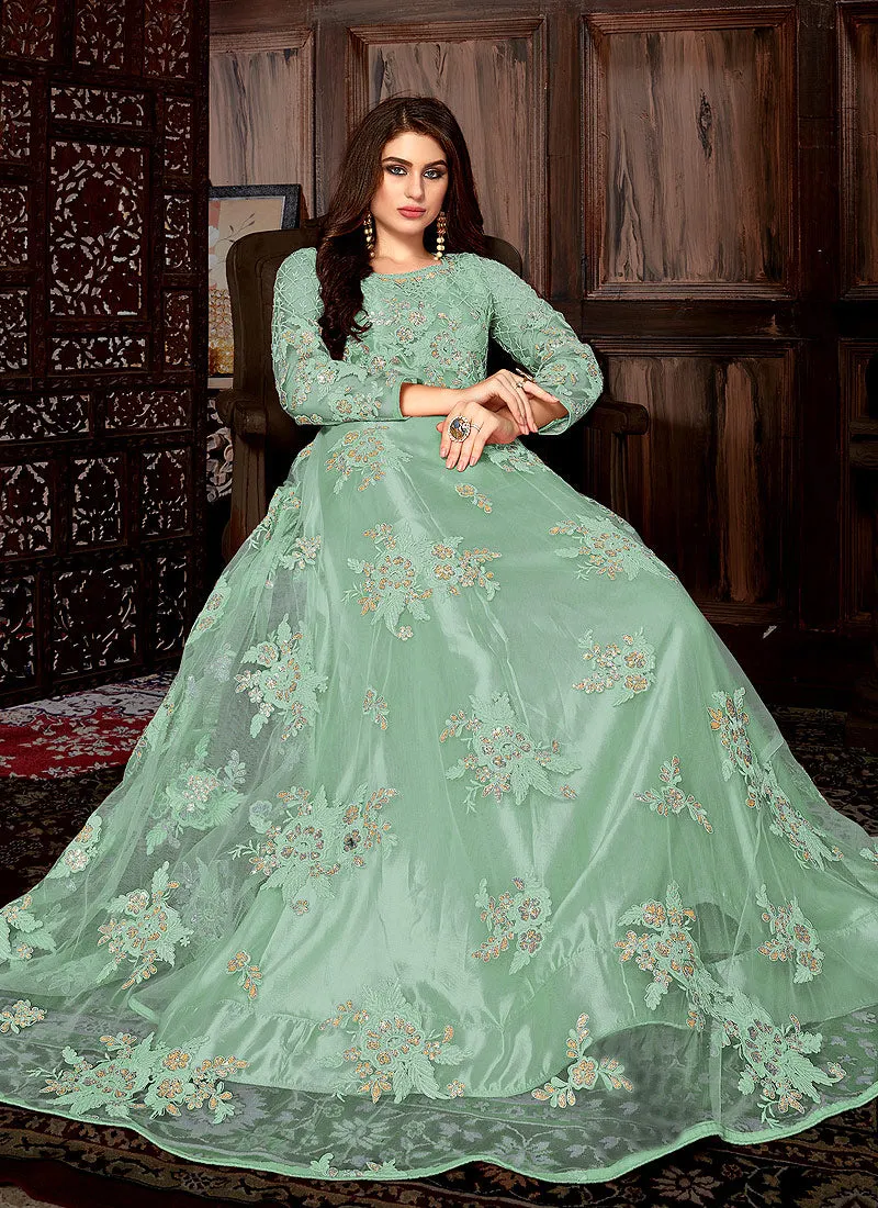 Light Green Bunch Embroidered Net Anarkali Suit