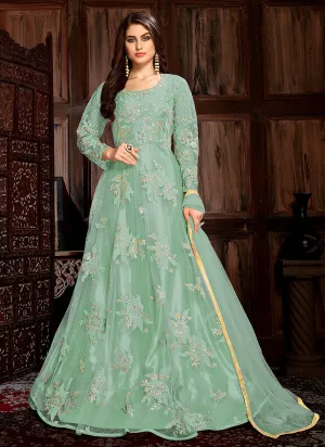Light Green Bunch Embroidered Net Anarkali Suit