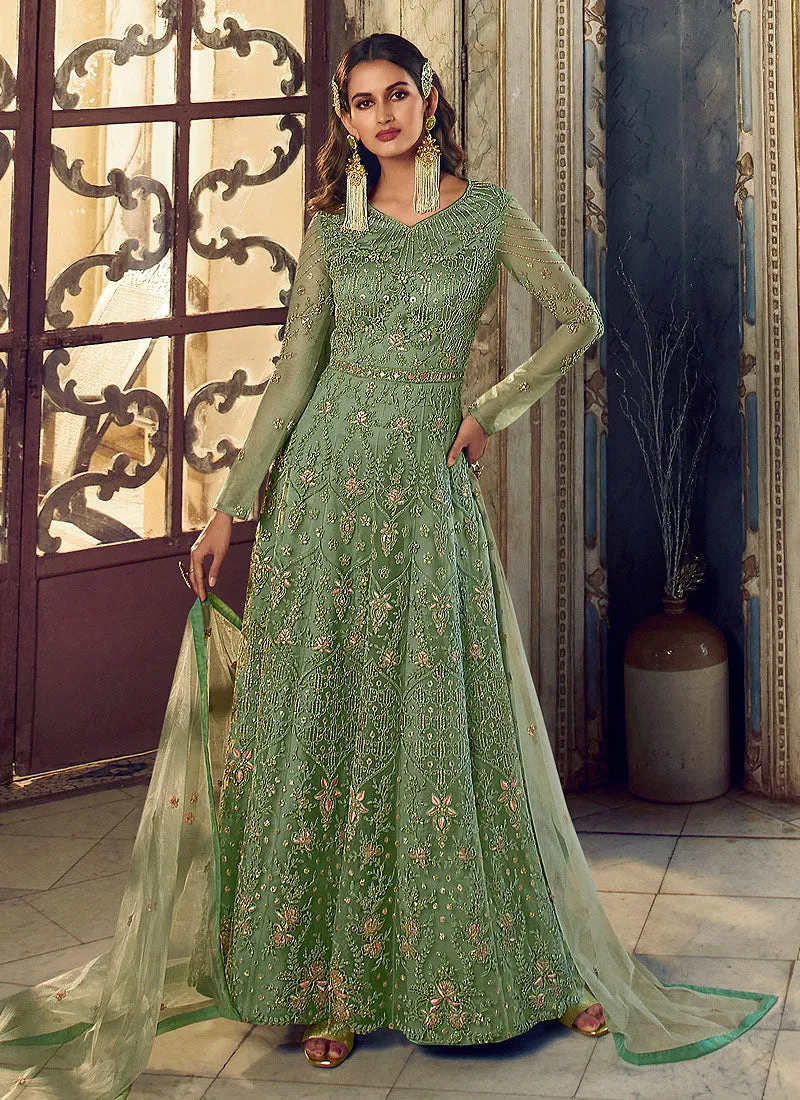 Light Green Floral Heavy Embroidered Gown Style Anarkali