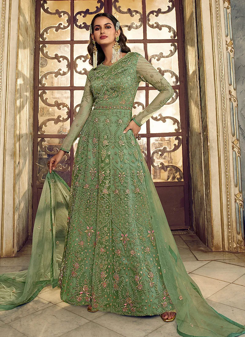 Light Green Floral Heavy Embroidered Gown Style Anarkali