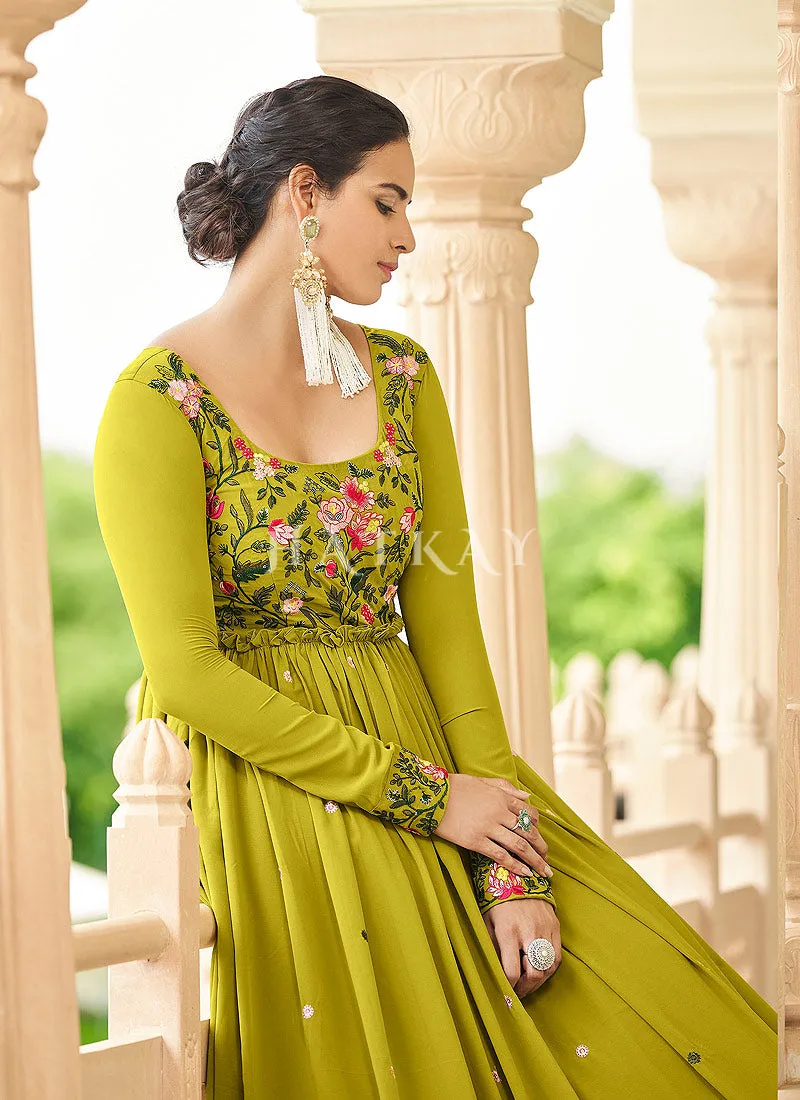 Light Green Multi Embroidered Flared Anarkali Gown