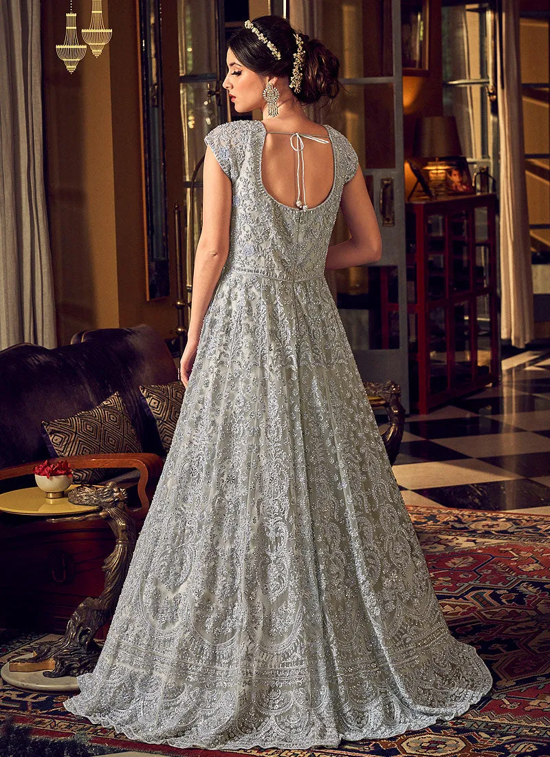 Light Grey Multi Embroidered Anarkali Pant Suit