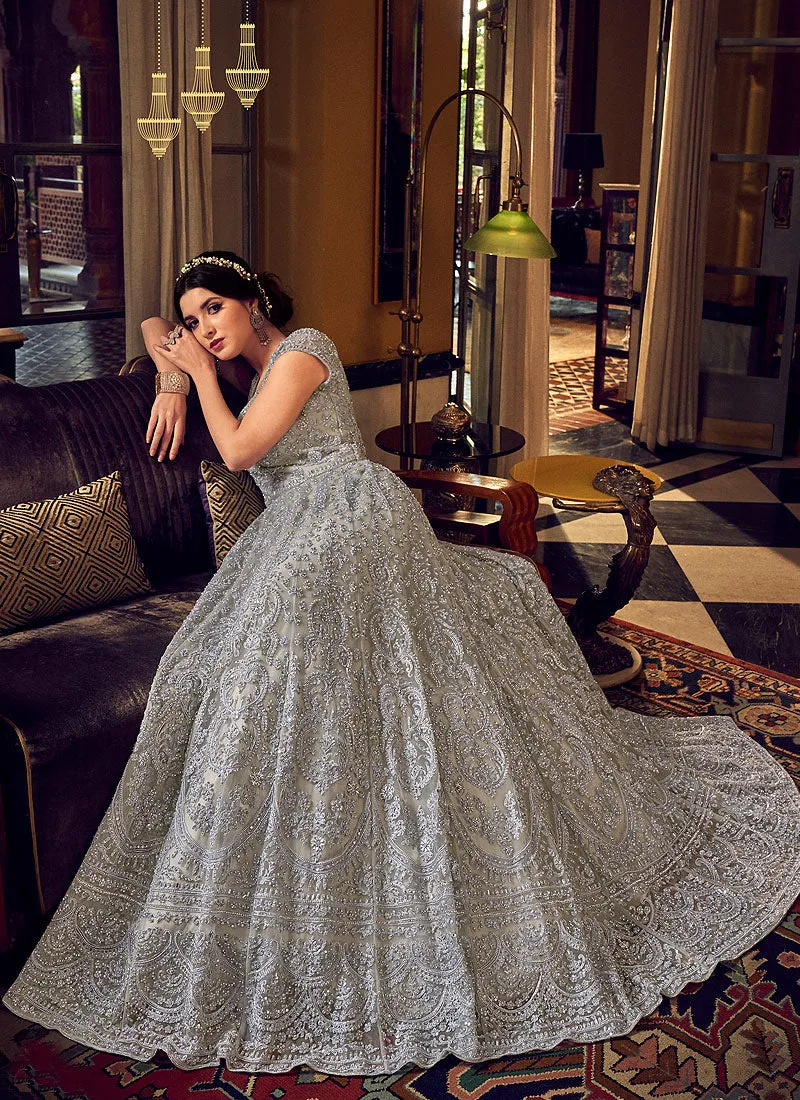 Light Grey Multi Embroidered Anarkali Pant Suit