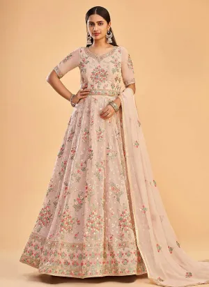 Light Pink Floral Embroidered Designer Kalidar Anarkali