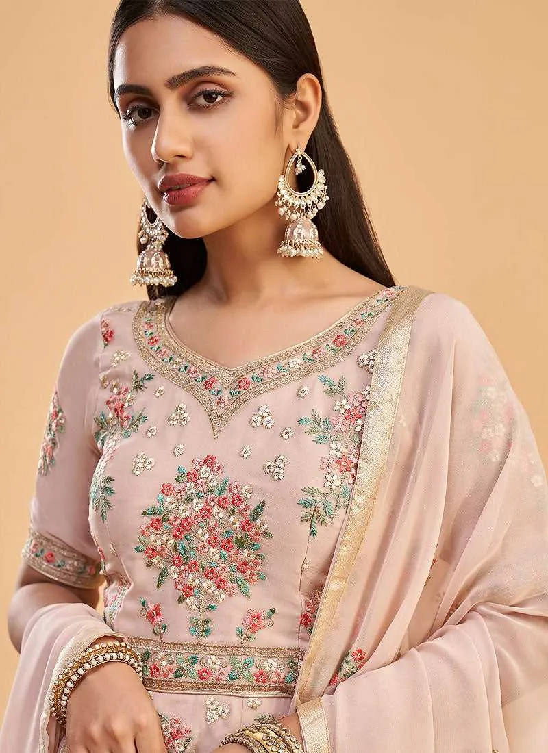 Light Pink Floral Embroidered Designer Kalidar Anarkali