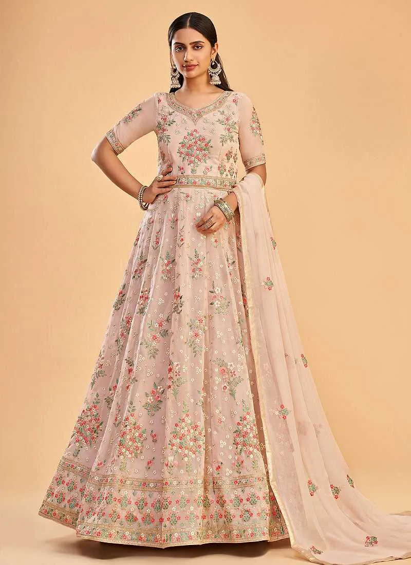Light Pink Floral Embroidered Designer Kalidar Anarkali