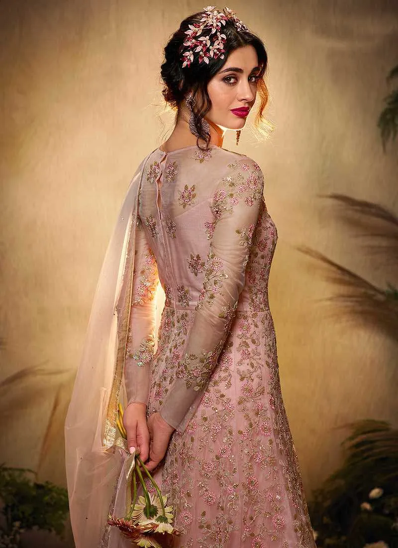 Light Pink Floral Embroidered Gown Style Anarkali Suit