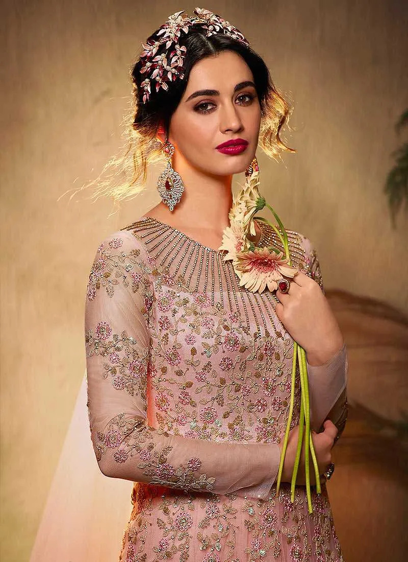 Light Pink Floral Embroidered Gown Style Anarkali Suit