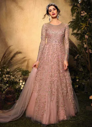 Light Pink Floral Embroidered Gown Style Anarkali Suit