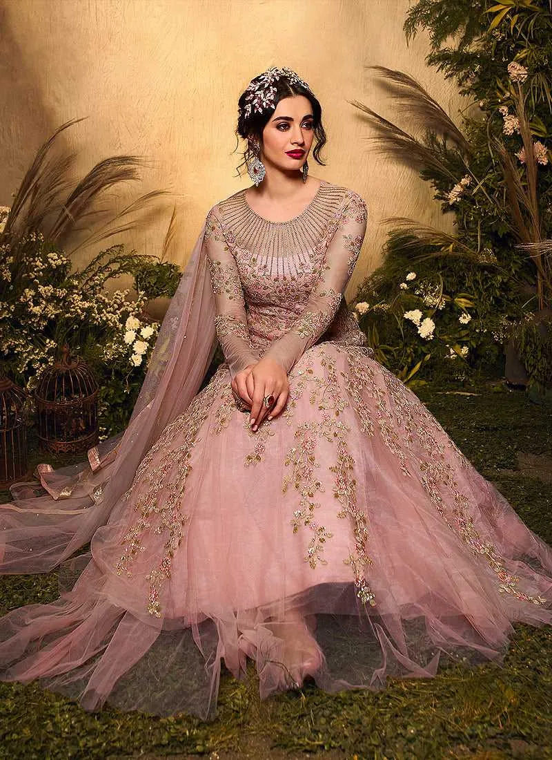Light Pink Floral Embroidered Gown Style Anarkali Suit