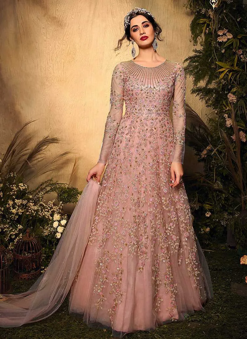 Light Pink Floral Embroidered Gown Style Anarkali Suit